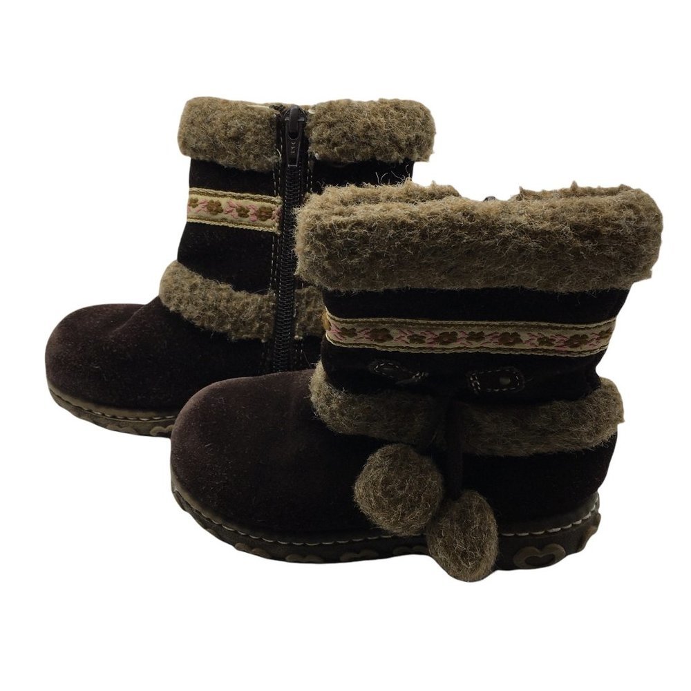 Hearts Kid Girl Brown Leather Rubber Floral Trim Pom Poms‎ Ankle Boots Size 9